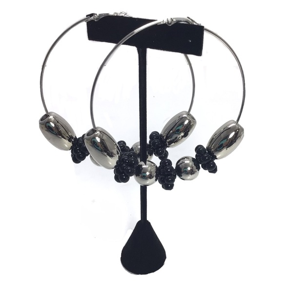 Large Silver Black Beaded Statement Hoop Earrings - Picture 1 of 6